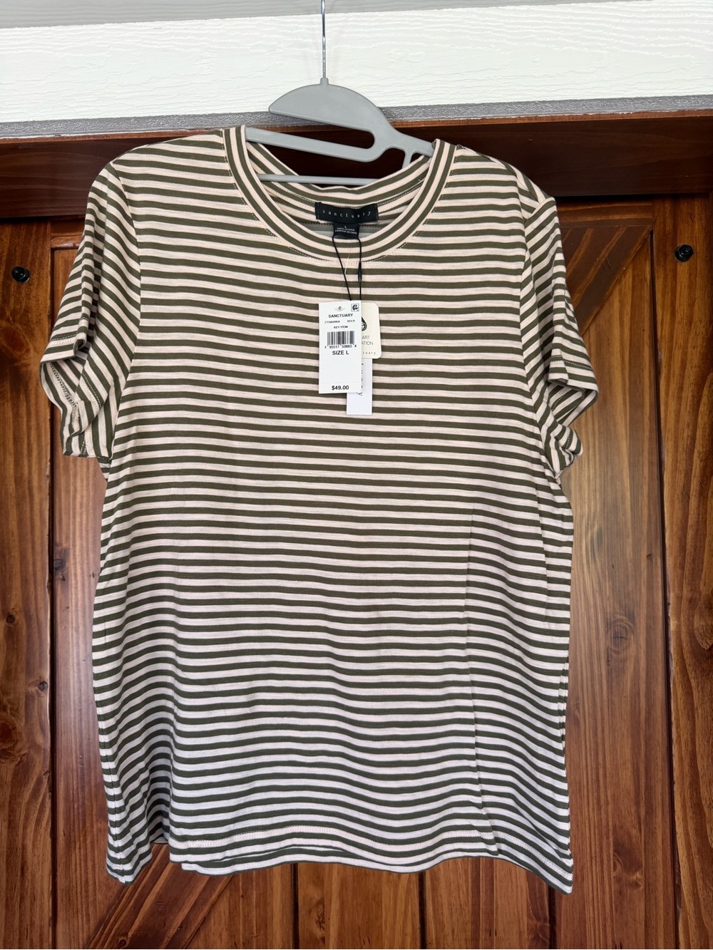 Sanctuary Striped Short-Sleeve Crewneck Shirt - Olive & Light Pink